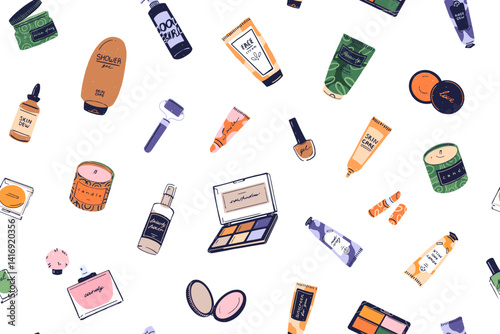 Repeatable pattern of makeup accessories, beauty products. Endless background of decorative and skin care cosmetics. Backdrop with tools, tubes for make up, visage. Flat seamless vector illustration