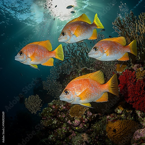 Coral reef inhabitants swim near a vibrant reef structure. photo
