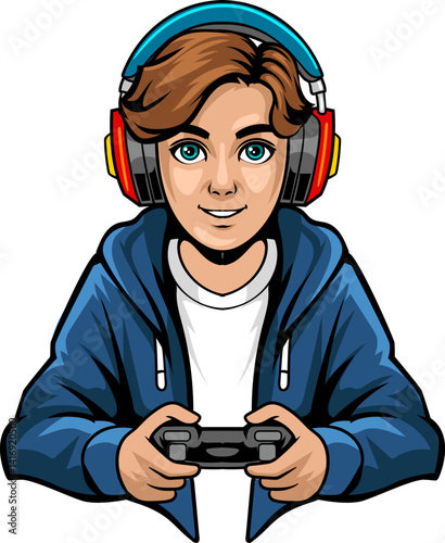 Boy Nerd playing game with joystick and headphone isolated cartoon character illustration