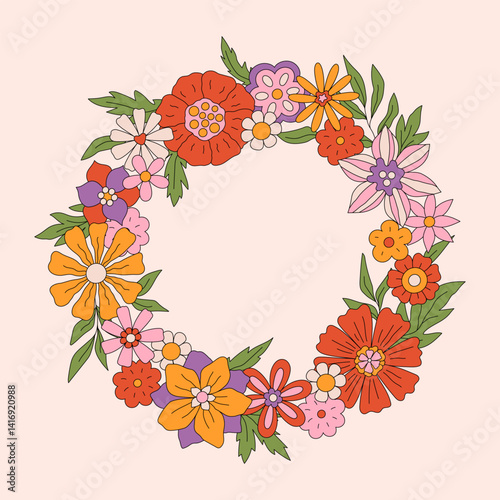 70s 60s retro groovy wreath of hippie daisy flowers, leaves. Vintage floral frame on beige background. Vector boho trend illustration for invitation, poster, greeting card, cover