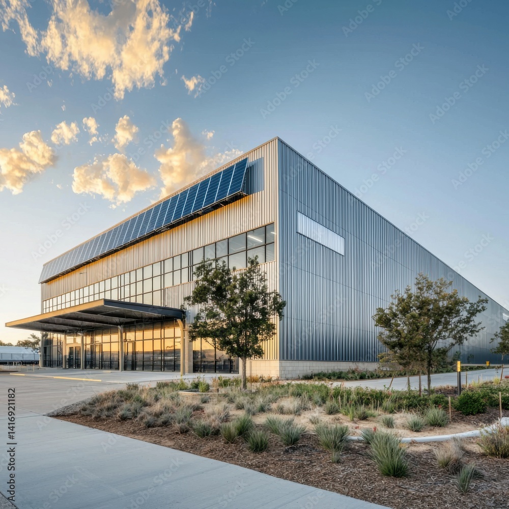 Obraz premium Metal warehouse with solar panels against a sunny sky. Landscaped grounds