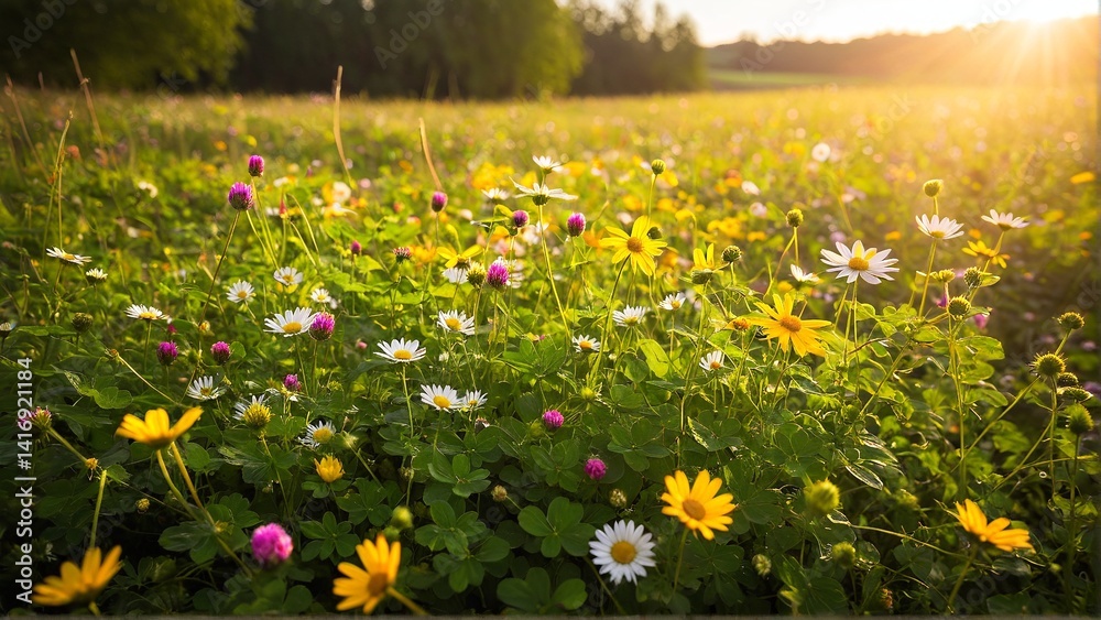 Fototapeta premium Sunlight Bathed Meadow: A vibrant tapestry of daisies, clover, and other wildflowers create a serene and picturesque summer landscape.