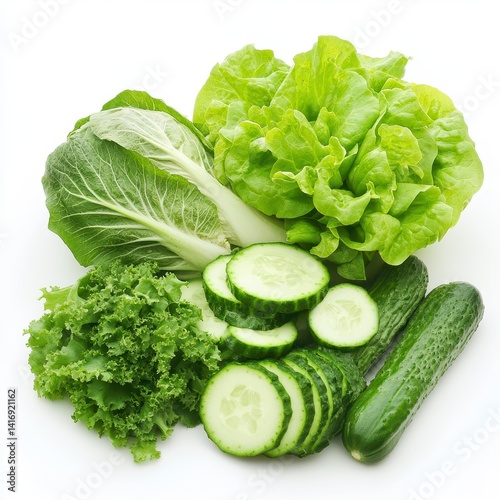 Fresh Green Vegetables Cucumbers and Lettuce on White Background