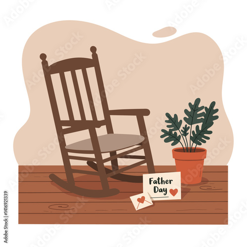 Vintage wooden rocking chair with potted plant and Father Day cards in flat minimal vector illustration