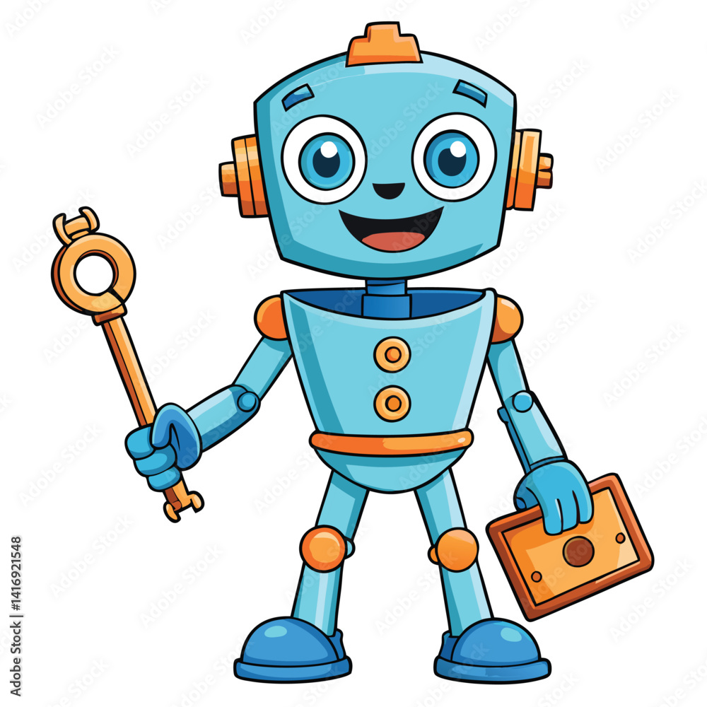 Naklejka premium Friendly robot holding a key and a device