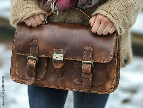 Woman carries a rich brown leather satchel.