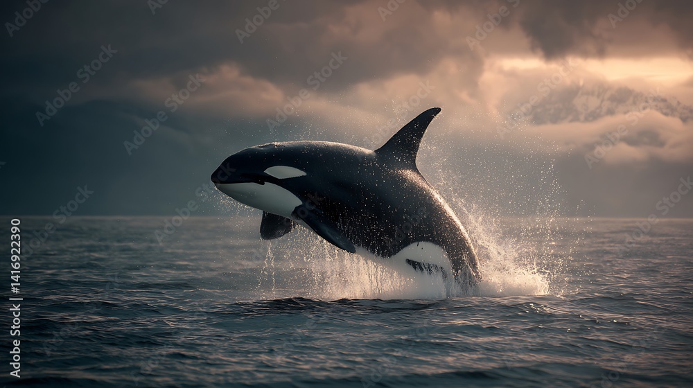 Fototapeta premium Orca leaps from ocean, splashing in sunlight against stormy clouds and distant mountains
