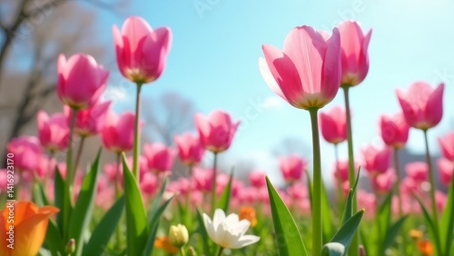 A Field of Delicate Pink Tulips Basking in the Warm Sunlight of a Spring Day