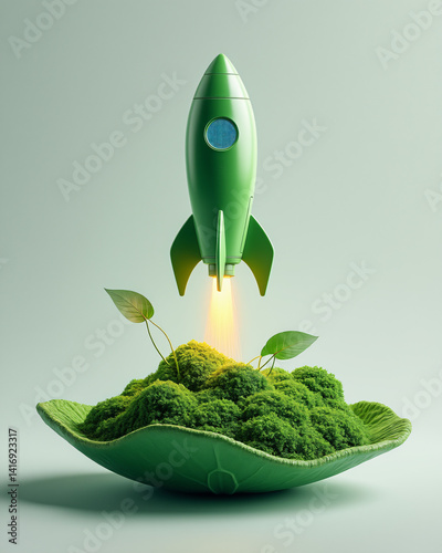 Eco-Friendly Rocket Launching from Leaf Displaying Sustainable Innovation Concept