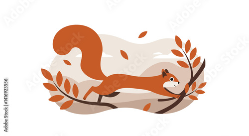 Red squirrel running across autumn branches with falling leaves in flat minimal style vector illustration