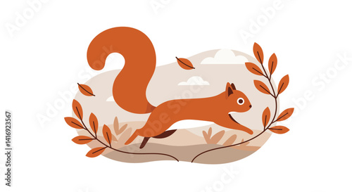 Red squirrel running energetically on tree branch with autumn leaves in flat minimal vector illustration