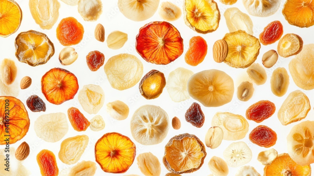 Assorted dried fruits and nuts scattered on white background (1) Assorted dried fruits and nuts scattered on white background (1)