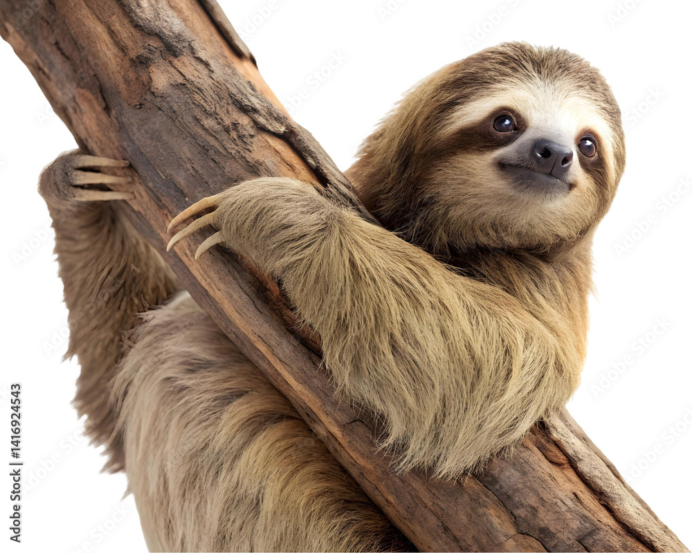 Fototapeta premium A cute sloth clinging to a tree branch with a gentle smile and a curious expression on its face