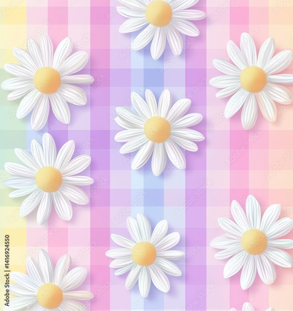 seamless pattern of daisies on pastel rainbow gingham background seamless pattern of daisies on pastel rainbow gingham background
