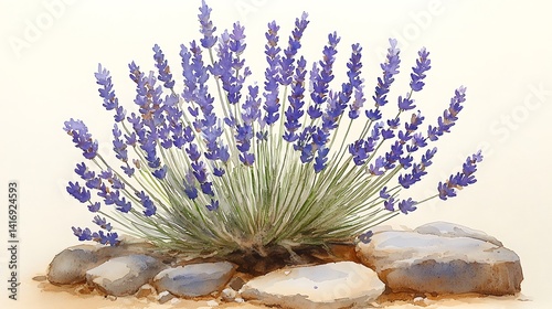 Vibrant lavender blossoms on a bed of stones.