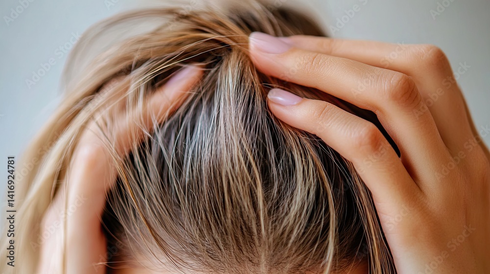 Obraz premium A close-up of fingers gently running through healthy, thick hair with natural highlights 