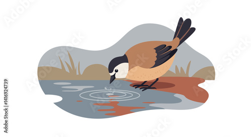 Sleeping fawn resting beside large tree trunk with autumn leaves in flat minimal vector illustration