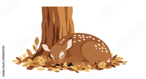 Young fawn sleeping peacefully beneath tree trunk in autumn leaves flat minimalist vector illustration