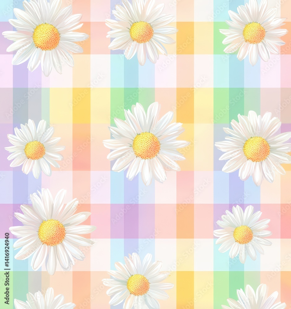 Obraz premium seamless pattern of daisies on pastel rainbow gingham background