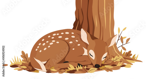 Sleeping baby deer with white spots resting peacefully by tree trunk in flat autumn nature vector illustration