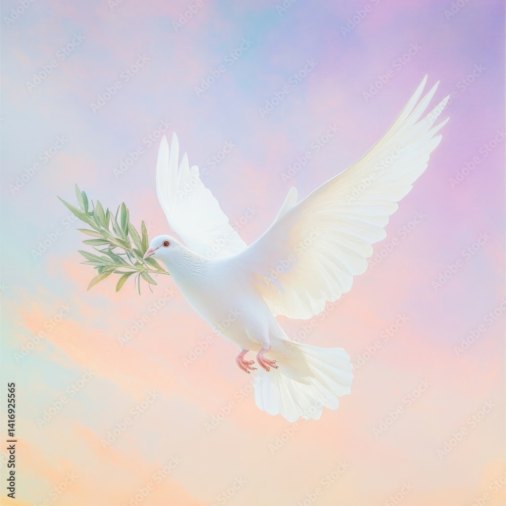 Fototapeta premium White dove carrying an olive branch against a pastel sky during dawn