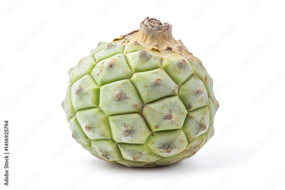 Fototapeta premium A single, whole, green, round, spiky fruit with a brown stem on top, isolated on a white background