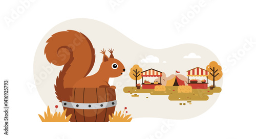Red squirrel with large bushy tail sitting inside wooden barrel in autumn park flat vector illustration