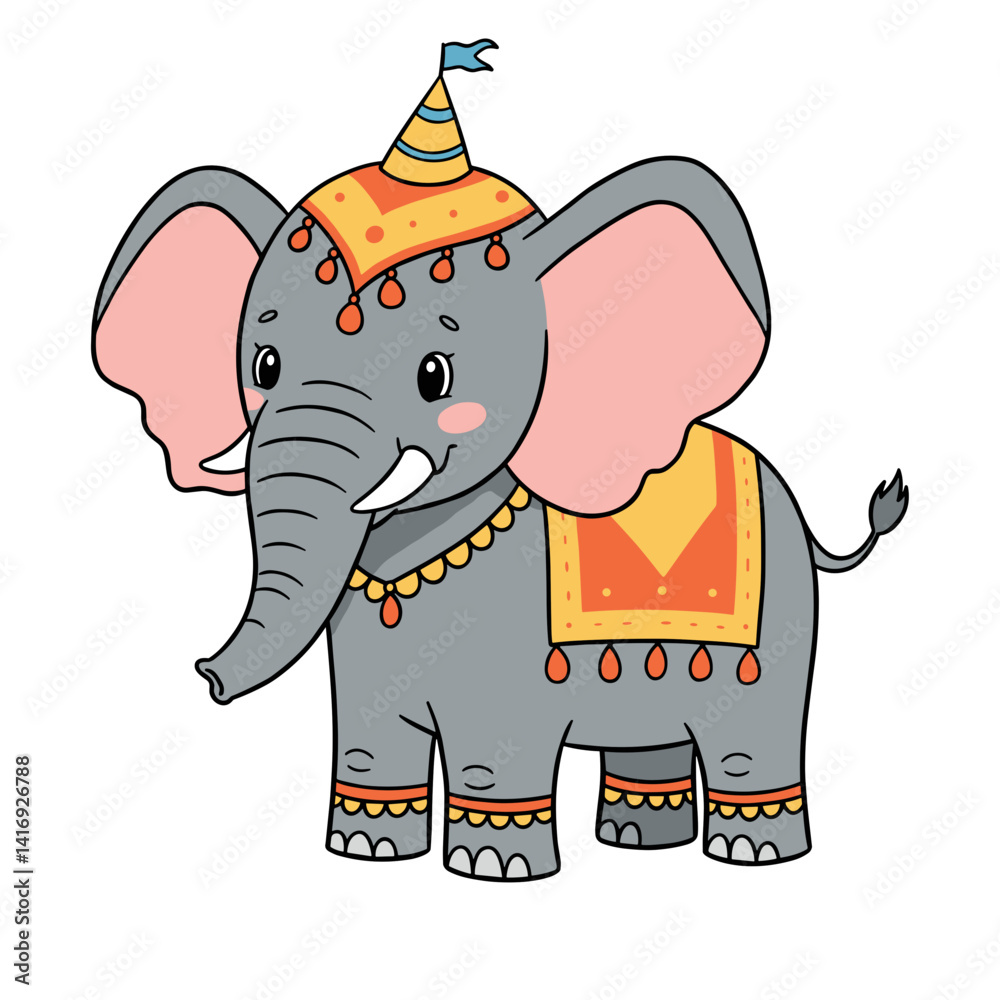 Decorated circus elephant with joyful expression Decorated circus elephant with joyful expression