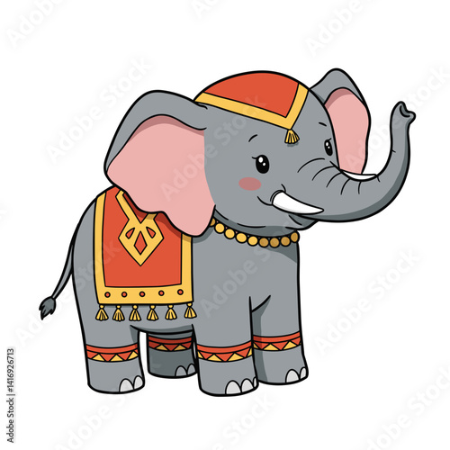 Circus elephant smiling in a decorative blanket on a white background  