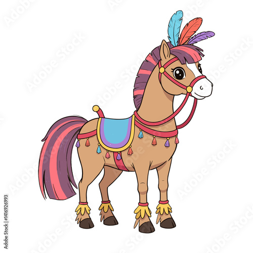 Circus horse adorned with feathers and saddle  