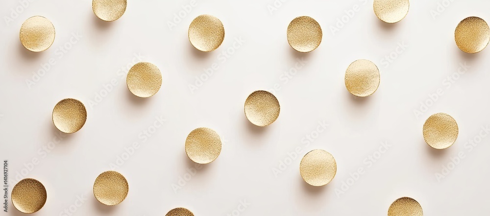 Golden round objects arranged in a pattern on a white background Golden round objects arranged in a pattern on a white background