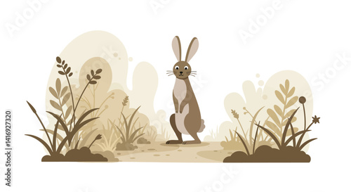Red fox with bushy tail sniffing ground among autumn leaves in flat design vector art