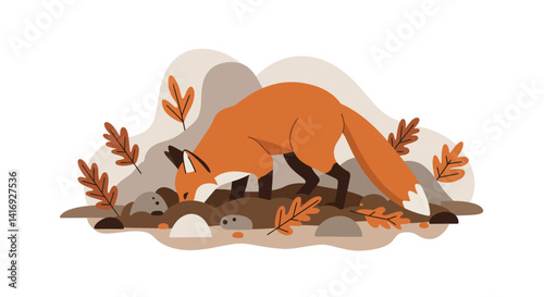 Red fox with bushy tail digging in autumn leaves flat minimal vector illustration