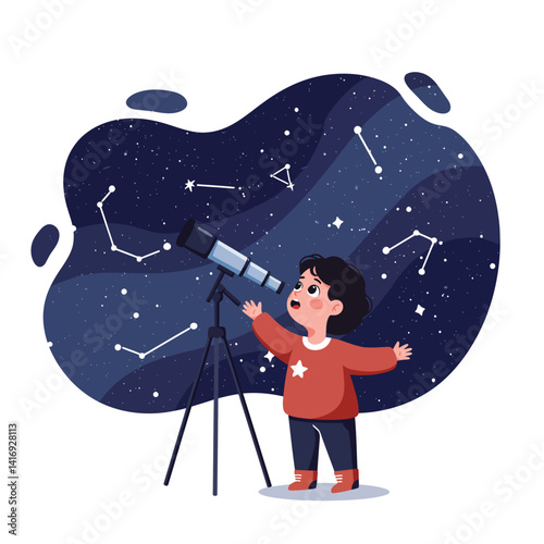 Young child with dark hair wearing red sweater observing stars and constellations through a telescope under a night sky filled with glowing star patterns and cosmic shapes