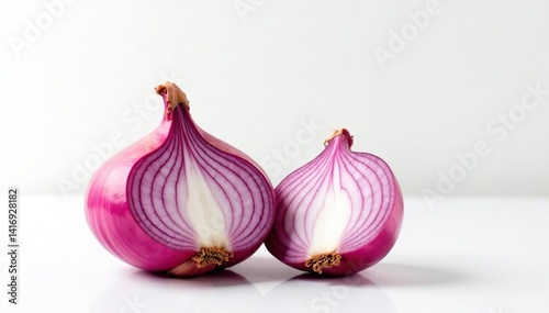 Single red onion, vibrant color, clean white background, backdrop, element