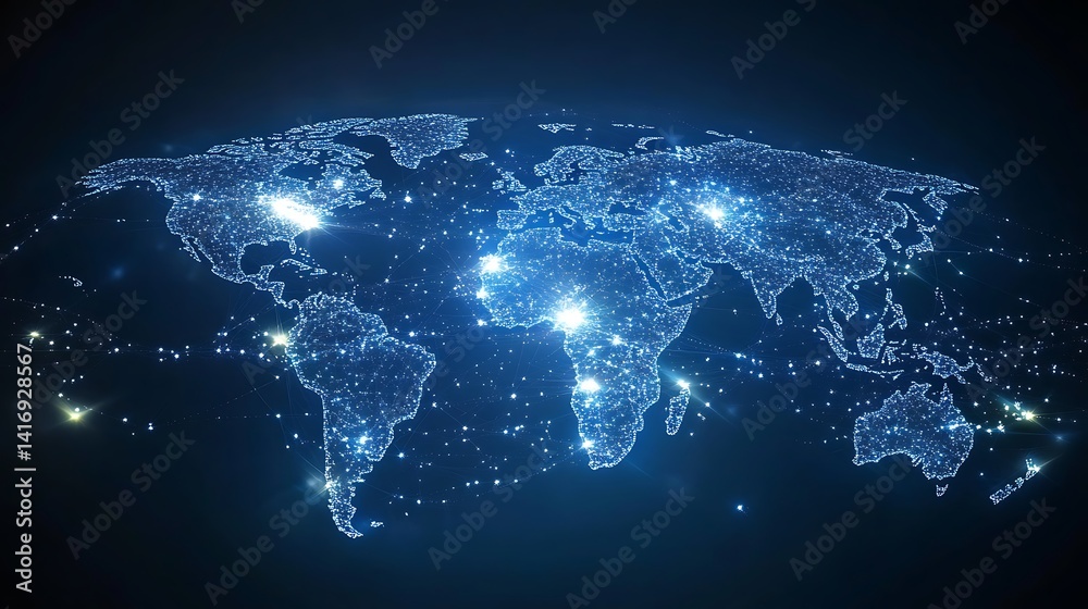 Fototapeta premium Futuristic Digital World Map with Glowing Circuits, Futuristic digital world map with glowing orange and blue circuits