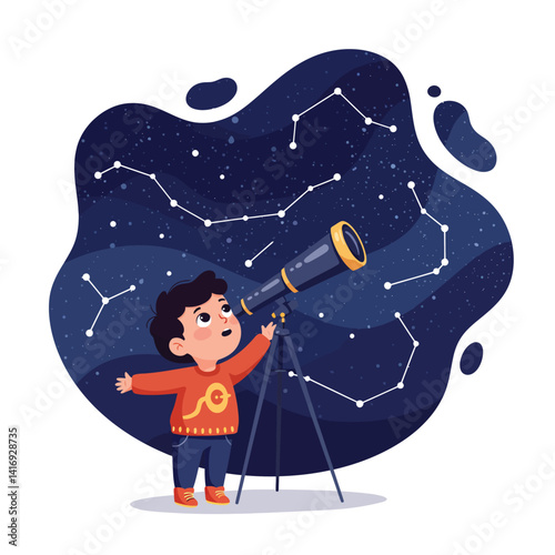 Young boy with dark hair in red sweater observing stars through telescope under a night sky filled with constellation patterns, showcasing curiosity and wonder