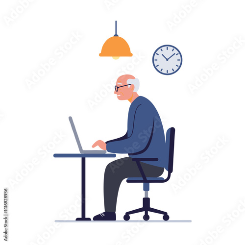 Elderly office worker focused on laptop in a cozy workspace  