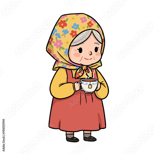 Elderly lady smiling while holding a cup of tea in a floral bonnet  
