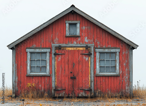 Rustic red wooden outbuilding on white background with two windows and a central door in weathered condition