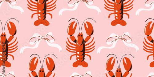 Seamless vector pattern with red lobsters and playful white bows on soft pink background. Nautical and whimsical seafood design perfect for summer textiles, wrapping paper, party decor, or coastal kit