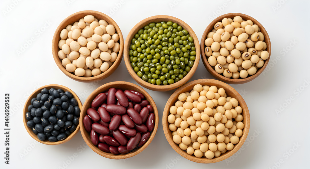 Various Uncooked Legumes in Wooden Bowls Displayed on White Background