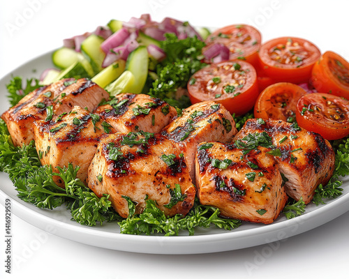 Grilled Chicken Breast With Fresh Herb Garnish and Sliced Vegetables on White Plate Isolated on White Background