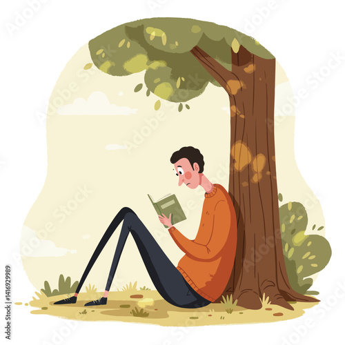 Young man with dark hair wearing an orange sweater and black pants reading a book while sitting against a large tree in a shaded park on a calm day