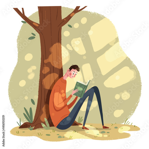 Young man with short brown hair wearing an orange sweater and blue pants reading a green book while sitting against a tree in a sunny park with dappled light and soft shadows