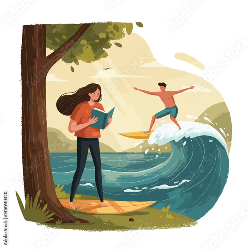 Young woman standing on a surfboard reading a book under a tree while a man surfs a large wave in the ocean nearby during a sunny day