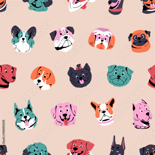 Repeatable pattern of cute avatars of different dog breeds. Endless background of colourful portraits of funny puppies. Smiling faces of pups, happy muzzles of pets. Flat seamless vector illustration