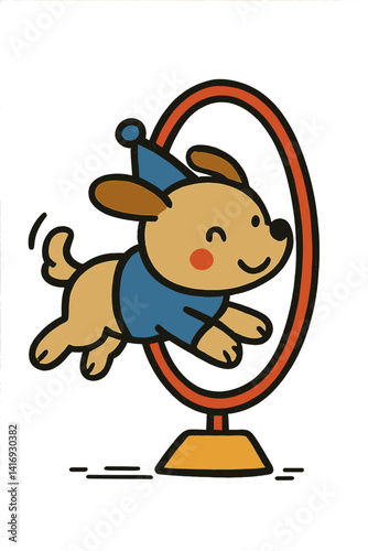 Happy dog performing tricks in a circus hoop  