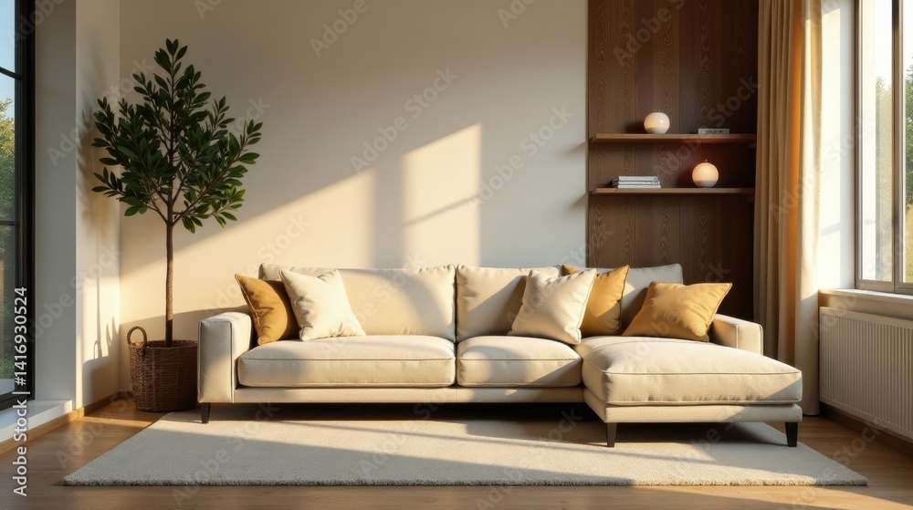 Fototapeta premium Serene Living Room Interior Design with Beige Sectional Sofa and Natural Light