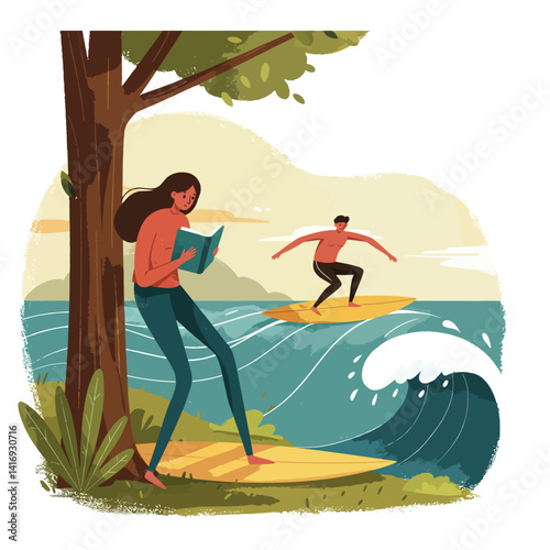 Woman reading a book while leaning against a tree near the ocean shore with a man surfing on a wave in the background during a calm day